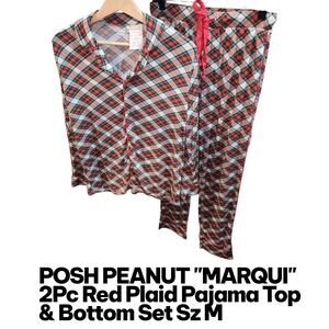 POSH PEANUT MARQUI LUXE Sz M Red White Plaid Button Top/Pants Christmas Pajama